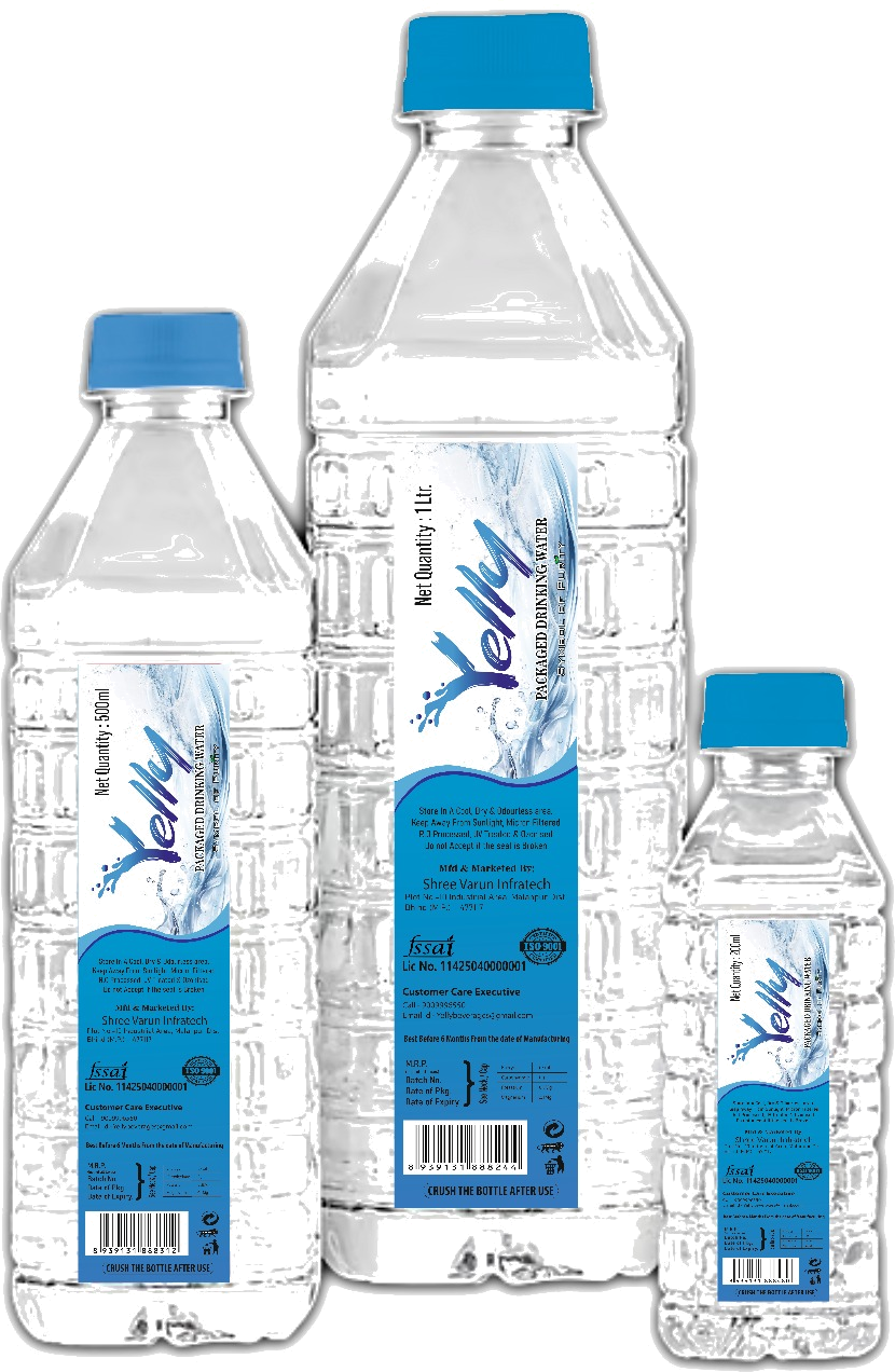 Yelly packaged drinking water bottles — 500ml, 1 litre and 200ml